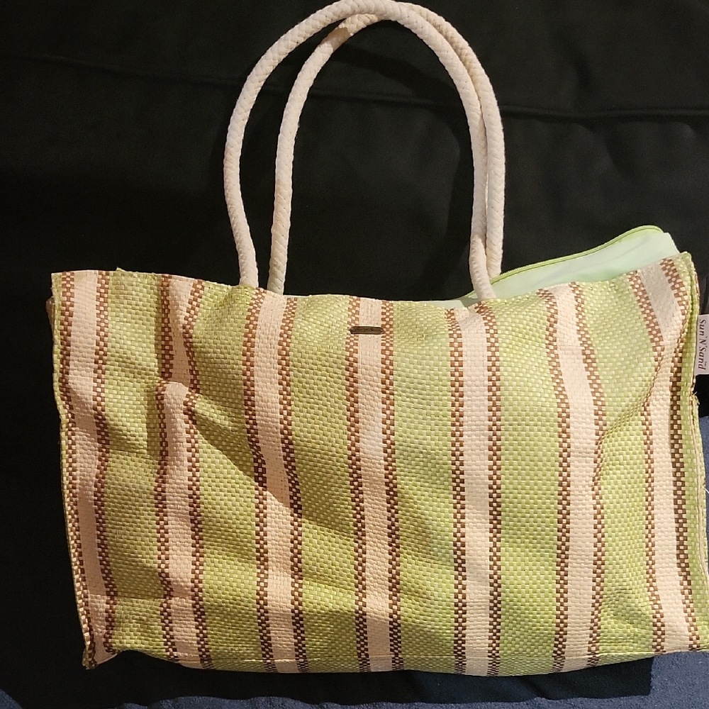 Sun N Sand Weaved Green Brown Cream Tote Bag